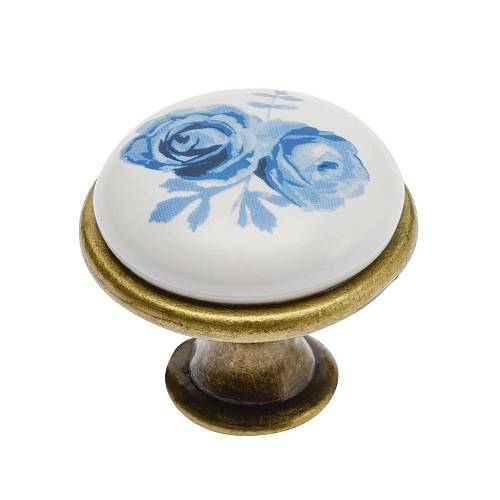 Ручка мебельная керамика кнопка GP-0728-J4-A (синяя роза) старое золото — купить оптом и в розницу в интернет магазине GTV-Meridian.